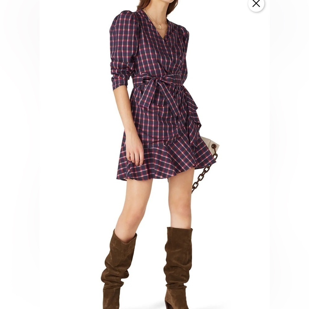 Tanya Taylor Navy and Pink Plaid Mini Dress